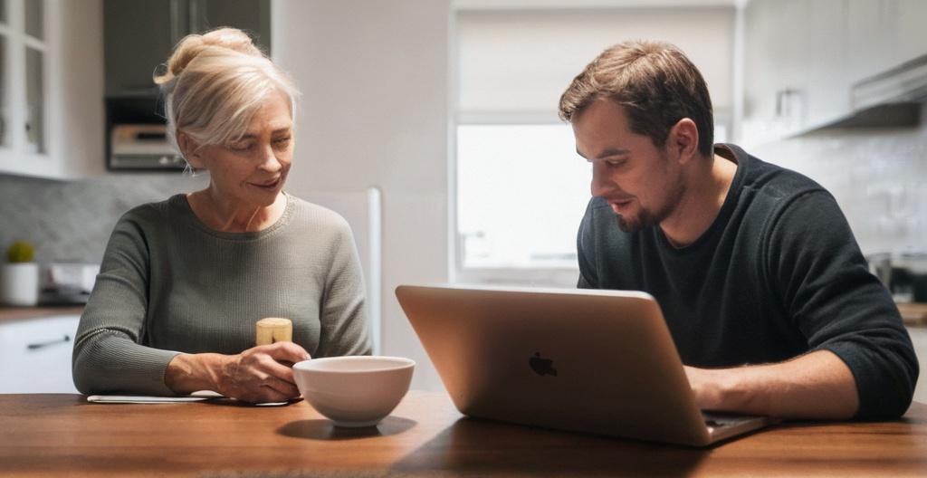 man helping his mother trading